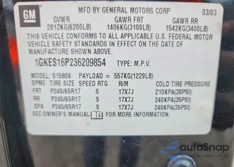 2003 GMC Envoy Xl z USA, uszkodzony, nr VIN 1GKES16P236209854